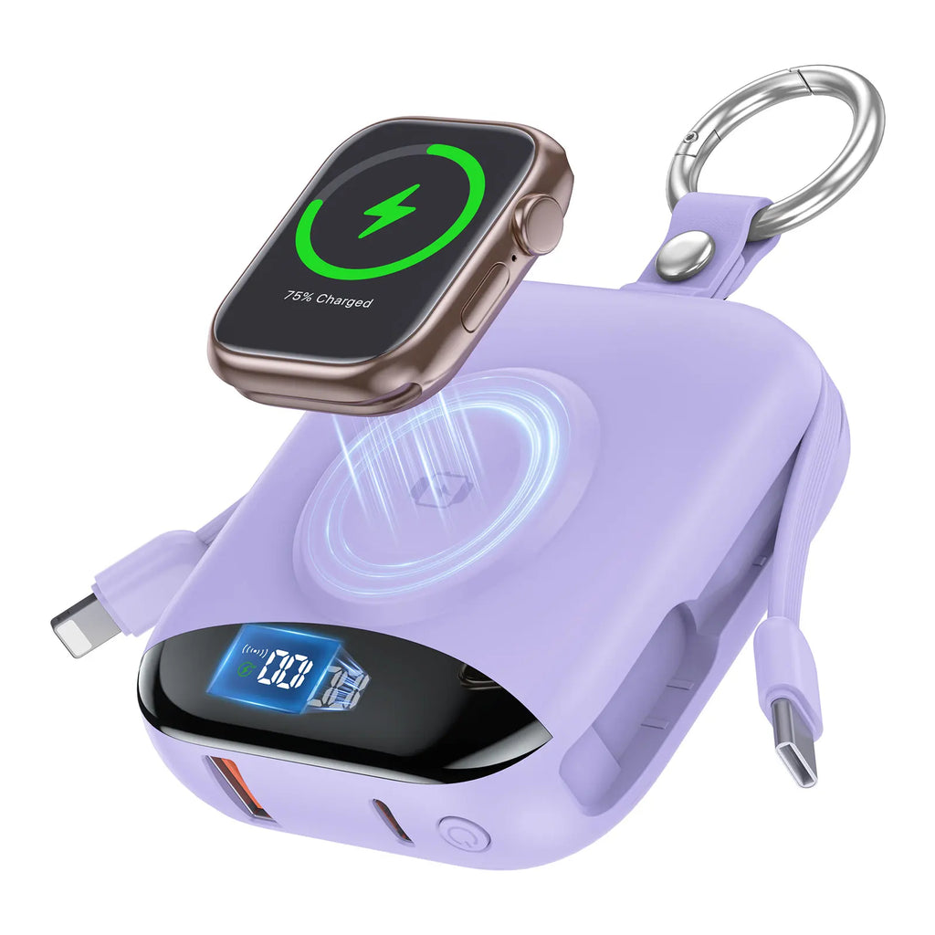 10000mAh 22.5W Fast Charging Power Bank with Built-in Cables, 4-in-1 Portable Charger with LED Display & Keychain for iWatch - Color: P007-Purple, Battery Capacity(mAh): 10000mAh