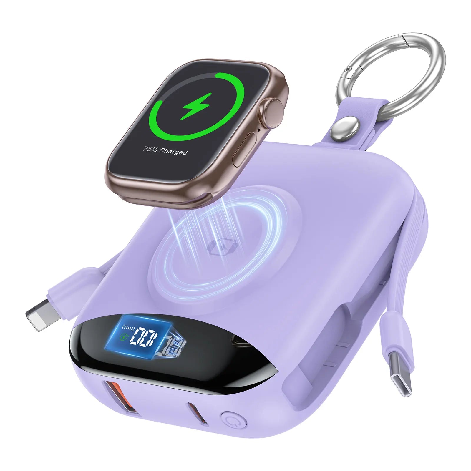 10000mAh 22.5W Fast Charging Power Bank with Built-in Cables, 4-in-1 Portable Charger with LED Display & Keychain for iWatch - Color: P007-Purple, Battery Capacity(mAh): 10000mAh