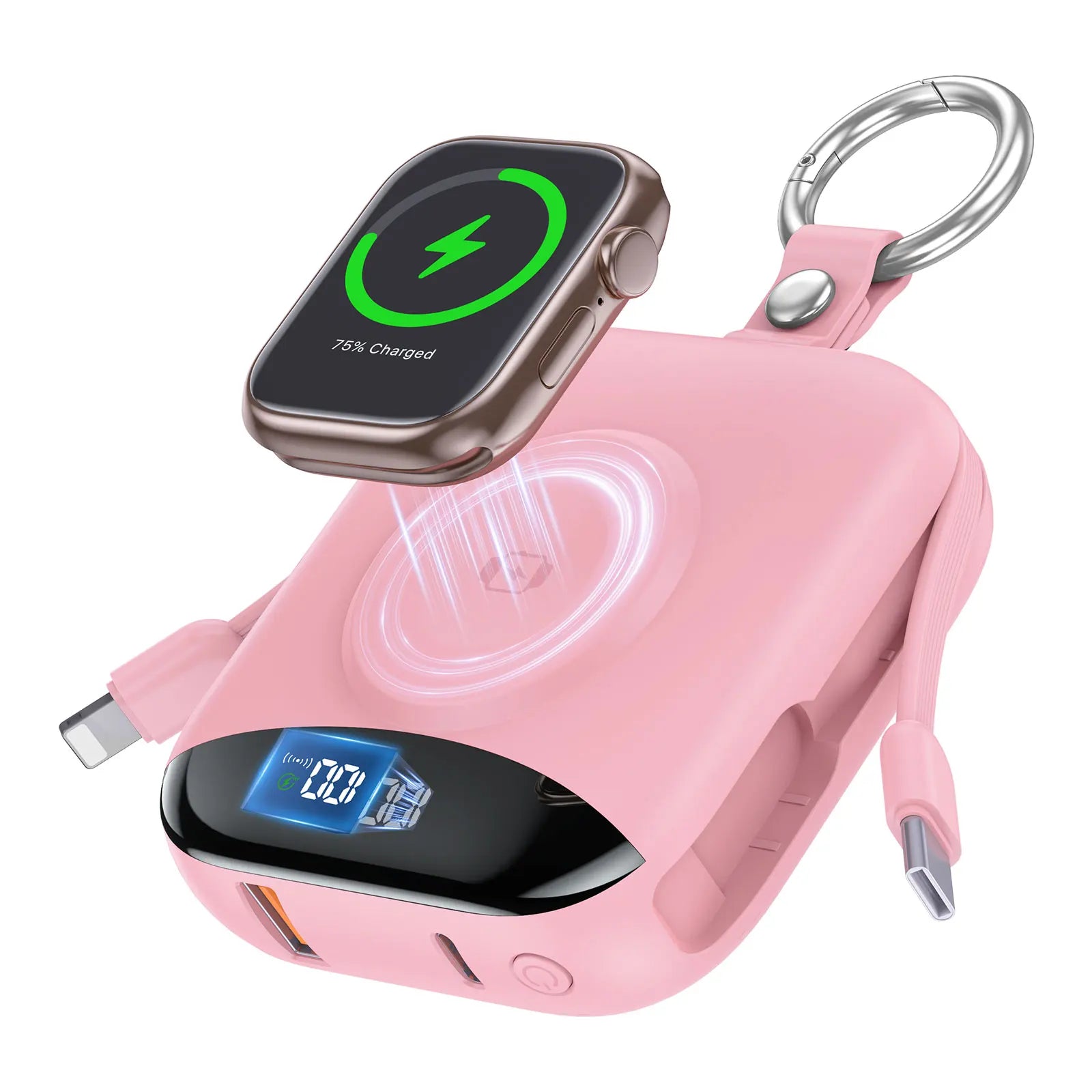 10000mAh 22.5W Fast Charging Power Bank with Built-in Cables, 4-in-1 Portable Charger with LED Display & Keychain for iWatch - Color: P007-Pink, Battery Capacity(mAh): 10000mAh