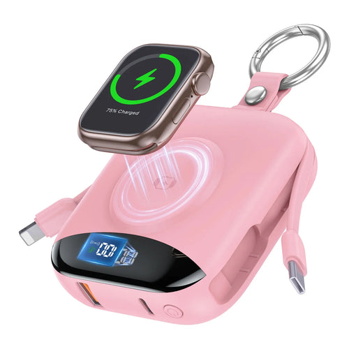10000mAh 22.5W Fast Charging Power Bank with Built-in Cables, 4-in-1 Portable Charger with LED Display & Keychain for iWatch - Color: P007-Pink, Battery Capacity(mAh): 10000mAh