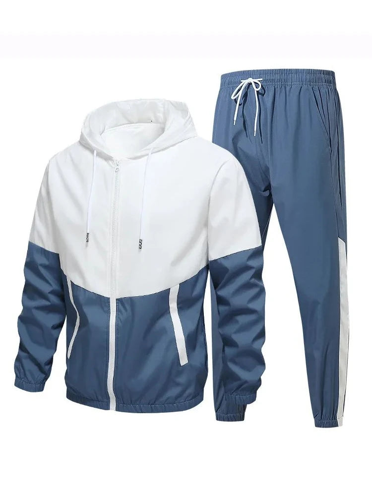 2026 New Men's Tracksuit Clothing Set Zipper Hoodie Sweatpants 2 Piece Hooded Long Sleeve Sportswear Sweatshirt Suits - Color: Blue, Size: XL